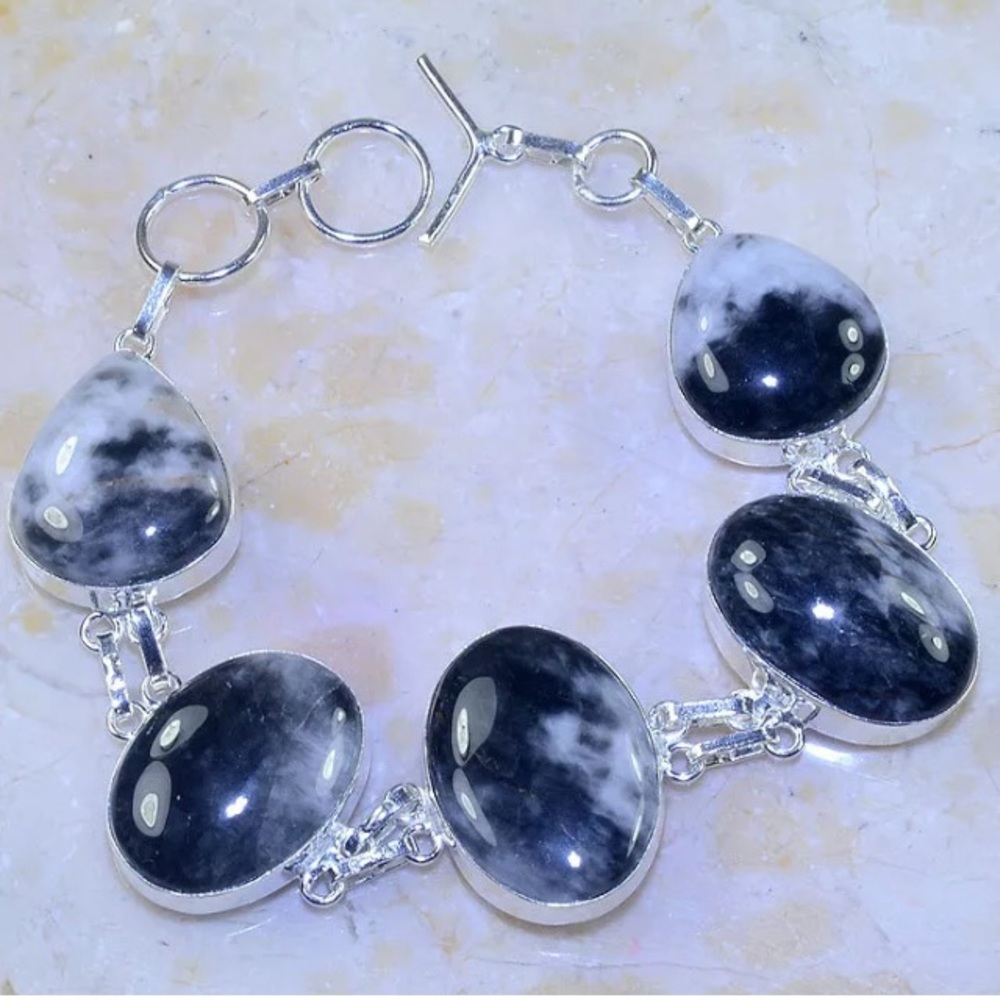 Black & White Pinolith Jasper & Silver Bracelet